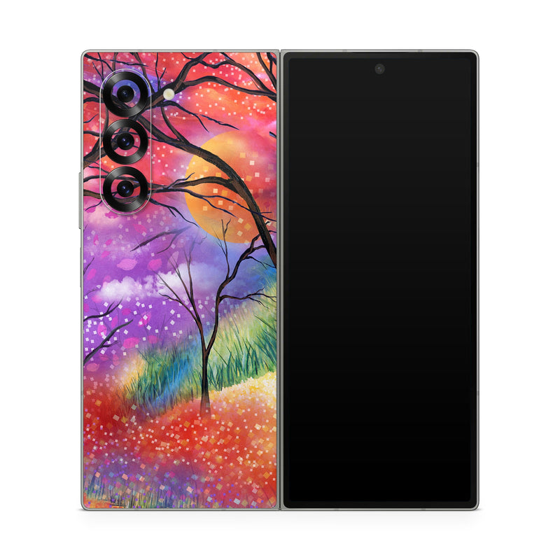 Samsung Galaxy Z Fold6 Skin design of Nature, Tree, Natural landscape, Painting, Watercolor paint, Branch, Acrylic paint, Purple, Modern art, Leaf, with red, purple, black, gray, green, blue colors