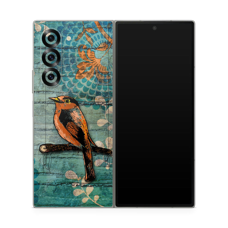 Samsung Galaxy Z Fold6 Skin design of Bird, Turquoise, Painting, Art, Coraciiformes, Branch, Beak, Wildlife, Perching bird, Illustration, with black, blue, gray, green, red colors