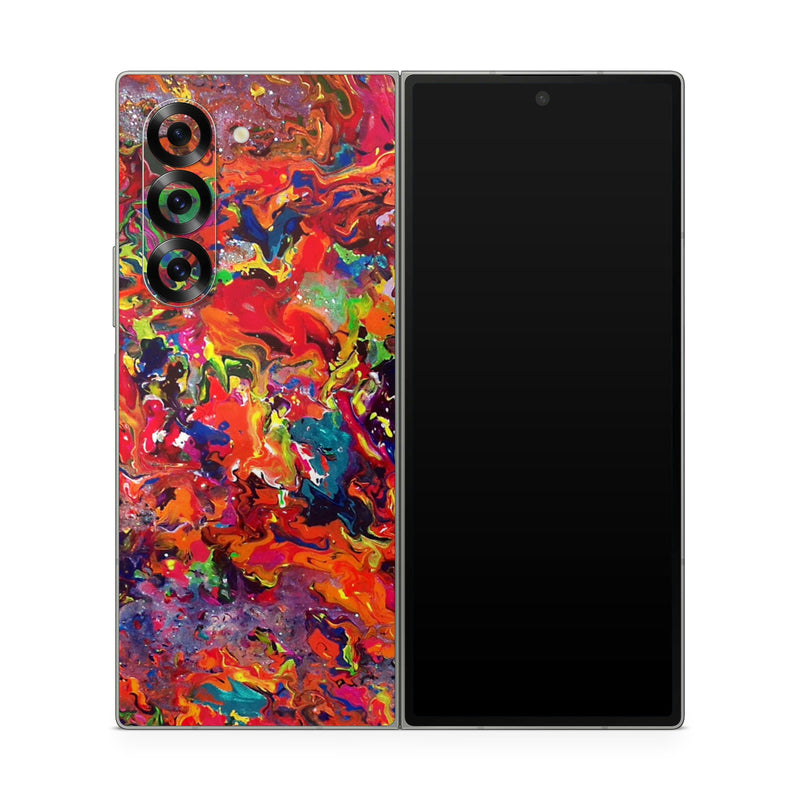 Samsung Galaxy Z Fold6 Skin design of Colorfulness, Modern art, Acrylic paint, Painting, Visual arts, Art, Psychedelic art, Textile, Pattern, Paint, with red, yellow, green, orange, yellow colors