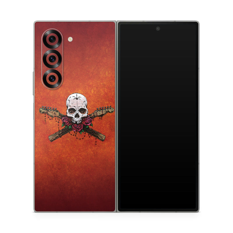 Samsung Galaxy Z Fold6 Skin design of Sleeve, Orange, Skull, Font, Bone, Art, T-shirt, Symbol, Circle, Emblem, with black, white, gray, brown, red, green colors