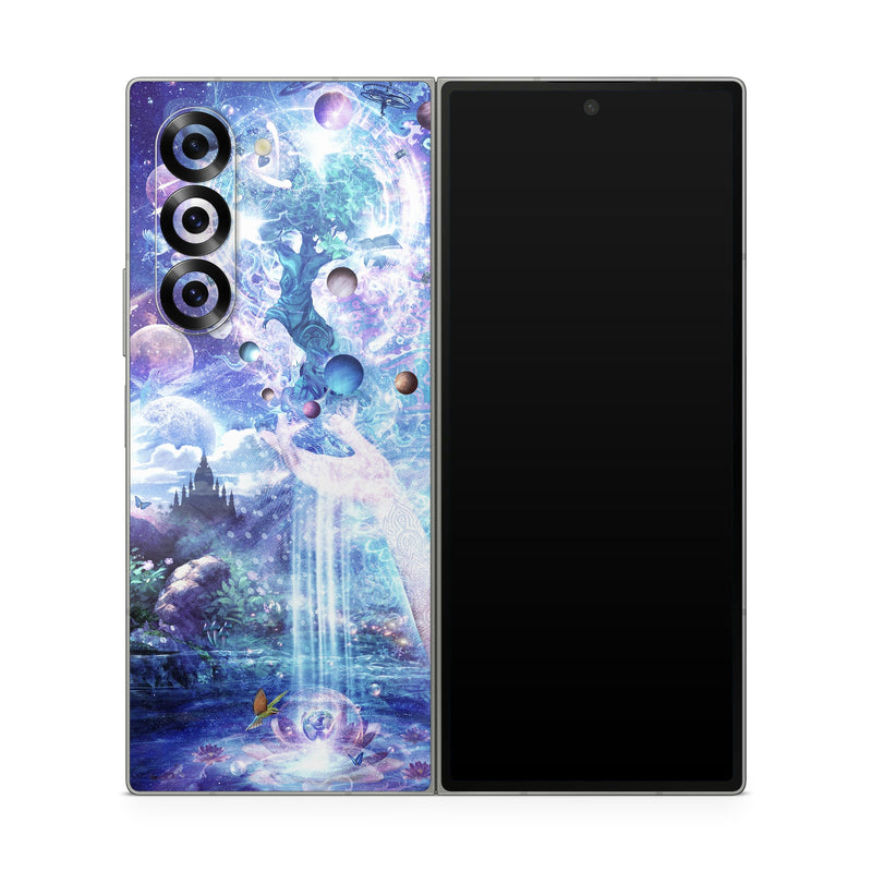 Samsung Galaxy Z Fold6 Skin design of Bird, Butterfly, Planets, Deer, Space, Purple, World, Astronomical Object, Cg Artwork, Illustration, Universe, Painting, Fictional Character, Outer Space, Astronomy, Science, Water Feature, Graphic Design, Graphics, Star, Mythology, with blue, purple, white, black, gray, green colors