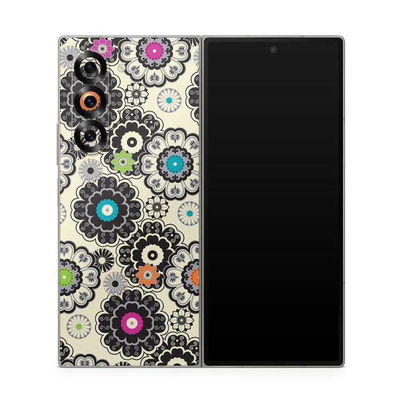 Samsung Galaxy Z Fold6 Skin design of Pattern, Circle, Design, Visual arts, Floral design, Textile, Psychedelic art, Art, Plant, with gray, black, pink, green, purple colors