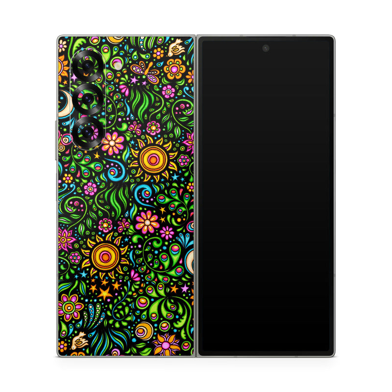 Samsung Galaxy Z Fold6 Skin design of Pattern, Psychedelic art, Visual arts, Art, Design, Motif, Organism, Circle, Textile, Plant, with black, red, green, blue, purple colors