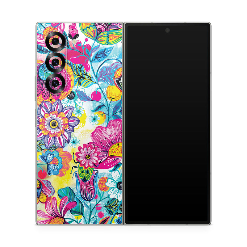 Samsung Galaxy Z Fold6 Skin design of Pattern, Floral design, Textile, Design, Flower, Wildflower, Visual arts, Plant, Wrapping paper, with blue, pink, purple, green, yellow, orange, white colors