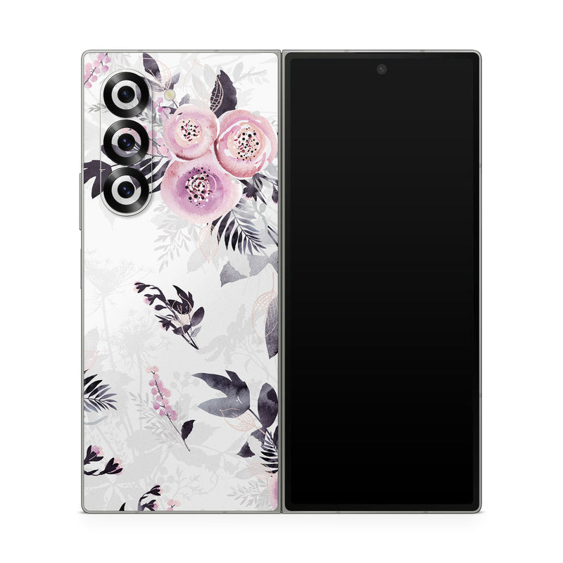 Samsung Galaxy Z Fold6 Skin design of Pink, Pattern, Design, Floral design, Textile, Plant, Flower, Magenta, Petal, Wallpaper, with white, purple, pink, black, gray colors