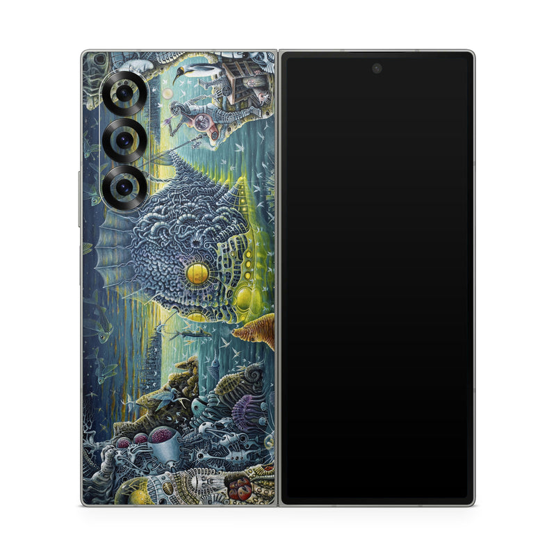 Samsung Galaxy Z Fold6 Skin design of Organism, Water, Illustration, Art, Painting, Cg artwork, Fiction, Fictional character, Marine biology, Mythology, with black, gray, blue, green colors
