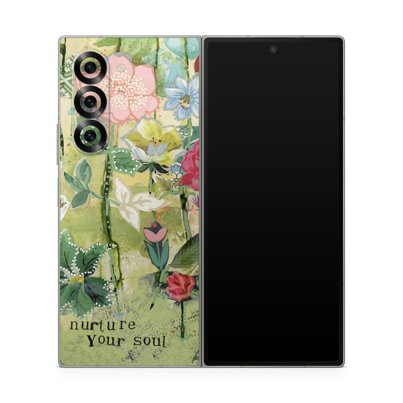 Samsung Galaxy Z Fold6 Skin design of Flower, Plant, Botany, Pink, Wildflower, Flowering plant, Watercolor paint, Petal, Floral design, Pattern, with green, pink, red, blue, white, black colors