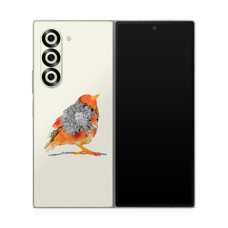 Samsung Galaxy Z Fold6 Skin design of European robin, Orange, Bird, Illustration, Old World flycatcher, Drawing, Songbird, Perching bird, robin, Sketch, with gray, yellow, green, red, black colors