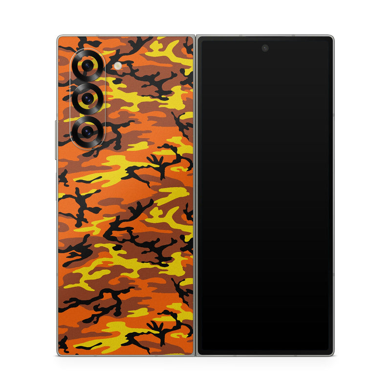 Samsung Galaxy Z Fold6 Skin design of Military camouflage, Orange, Pattern, Camouflage, Yellow, Brown, Uniform, Design, Tree, Wildlife, with red, green, black colors
