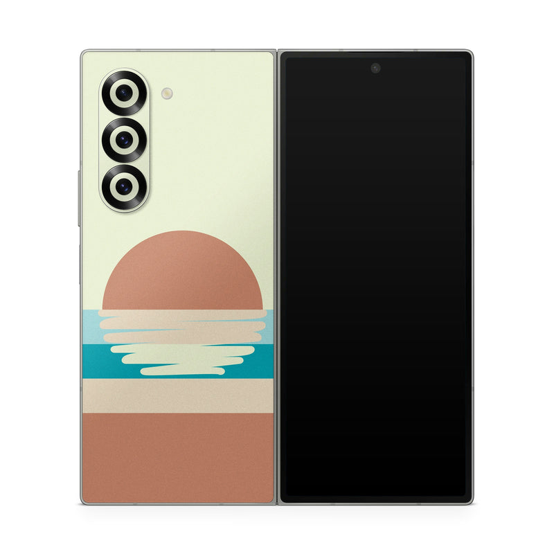 Samsung Galaxy Z Fold6 Skin design of Head, Water, Font, Electric blue, Horizon, Circle, Art, Sitting, Leisure, Graphics, with blue, yellow, brown, orange colors