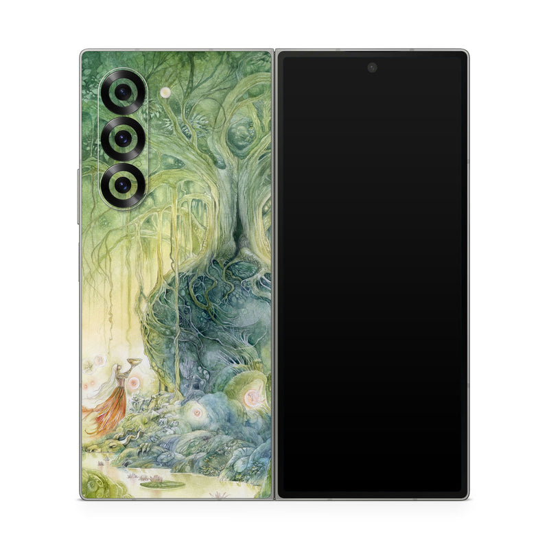 Samsung Galaxy Z Fold6 Skin design of Green, Watercolor paint, Painting, Water, Art, Illustration, Grass, Tree, Plant, Fictional character, with blue, green, red, yellow colors