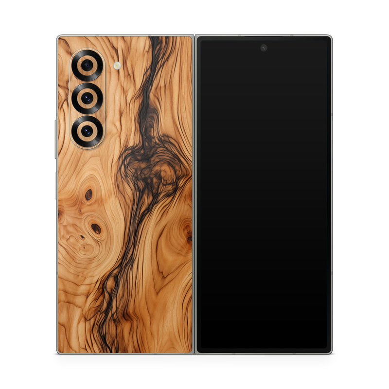 Samsung Galaxy Z Fold6 Skin design of Brown, Wood, Trunk, Wood stain, Floor, Liquid, Art, Woody plant, Landscape, Flooring, with black, brown, orange colors