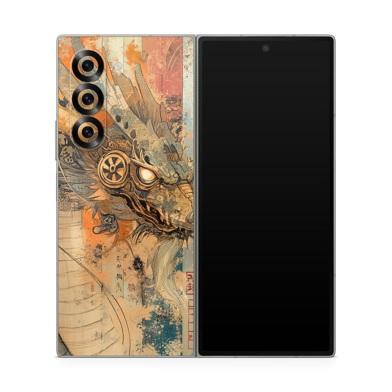 Samsung Galaxy Z Fold6 Skin design of Visual arts, Painting, Illustration, Fictional character, CG artwork, Modern art, Graphics, Graphic design, Mythical creature, Art Paint, with yellow, orange, black, gray, red colors