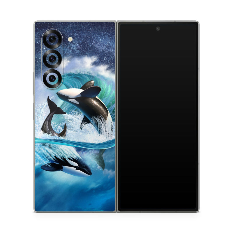 Samsung Galaxy Z Fold6 Skin design of Dolphin, Short-beaked common dolphin, Sky, Cetacea, Killer whale, Marine mammal, Water, Illustration, Bottlenose dolphin, Common bottlenose dolphin, with black, blue, white, green colors