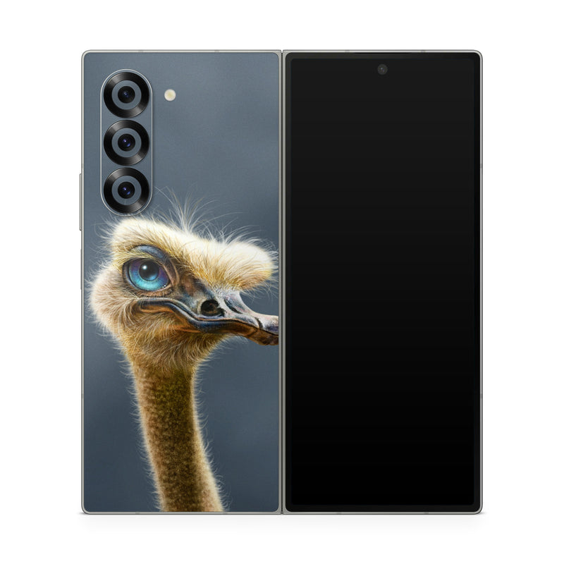 Samsung Galaxy Z Fold6 Skin design of Ostrich, Flightless bird, Ratite, Bird, Beak, Close-up, Emu, Wildlife, Organism, Terrestrial animal, with black, gray, blue, green, red colors