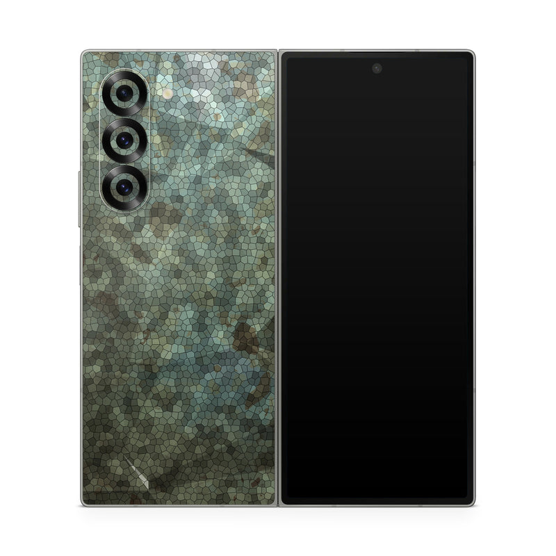 Samsung Galaxy Z Fold6 Skin design of Green, Pattern, Brown, Wall, Design, Rock, Geology, Camouflage, Granite, Metal, with black, brown, blue, gray, white colors