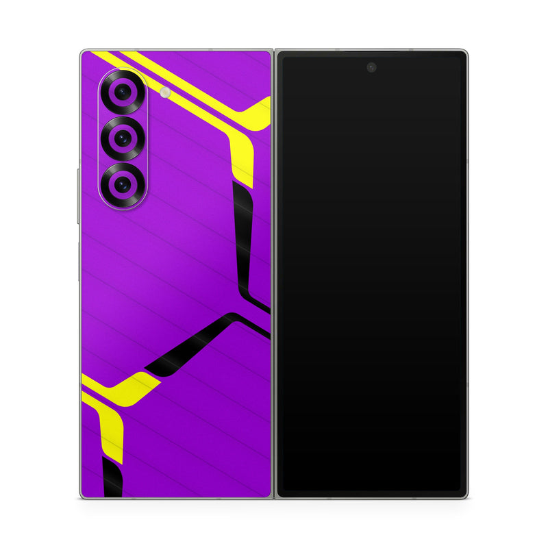 Samsung Galaxy Z Fold6 Skin design of Colorfulness, Purple, Violet, Line, Magenta, Parallel, Symmetry, Pattern, Electric blue, Font, with purple, yellow, black colors