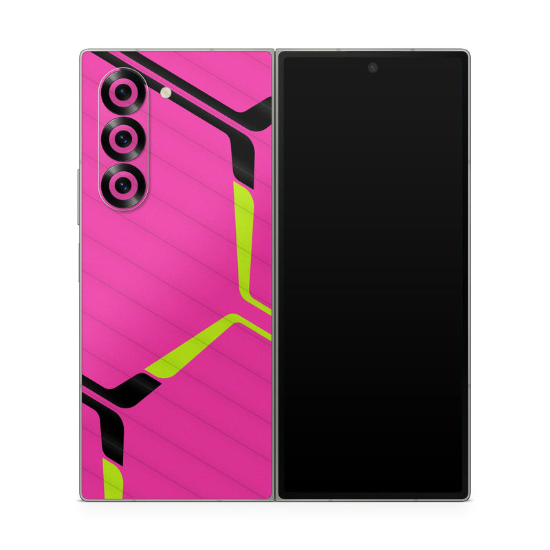 Samsung Galaxy Z Fold6 Skin design of Purple, Textile, Sleeve, Jersey, Violet, Triangle, Font, Magenta, Collar, Parallel, with pink, black, yellow colors
