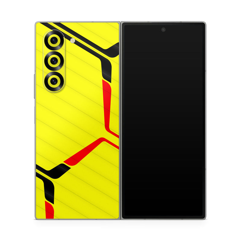 Samsung Galaxy Z Fold6 Skin design of Rectangle, Yellow, Parallel, Font, Tints and shades, Wood, Triangle, Pattern, Graphics, Symmetry, with yellow, black, red colors