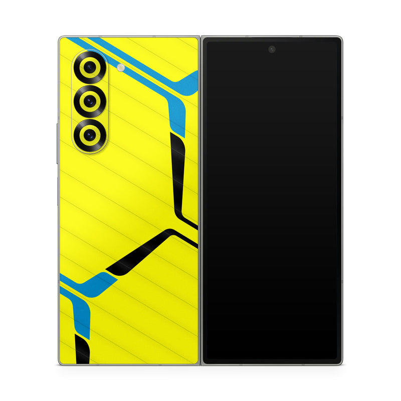 Samsung Galaxy Z Fold6 Skin design of Azure, Triangle, Font, Parallel, Symmetry, Pattern, Electric blue, Symbol, Rectangle, Design, with yellow, blue colors