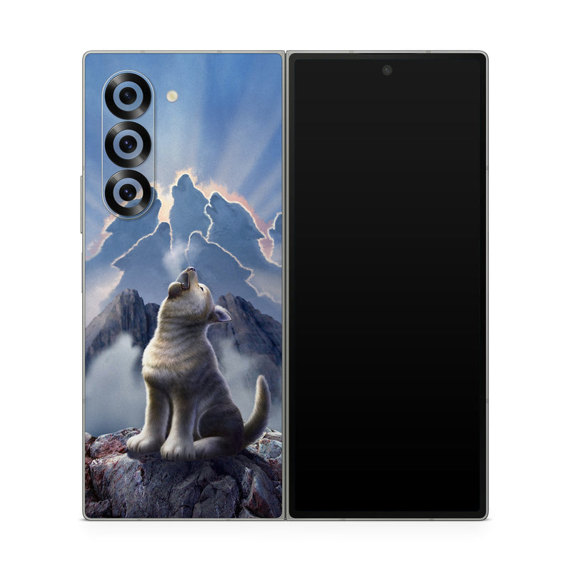 Samsung Galaxy Z Fold6 Skin design of Sky, Cloud, Atmosphere, Rock, Wolf, Photography, Cg artwork, Illustration, Mountain, Mythology, with white, blue, gray, brown colors