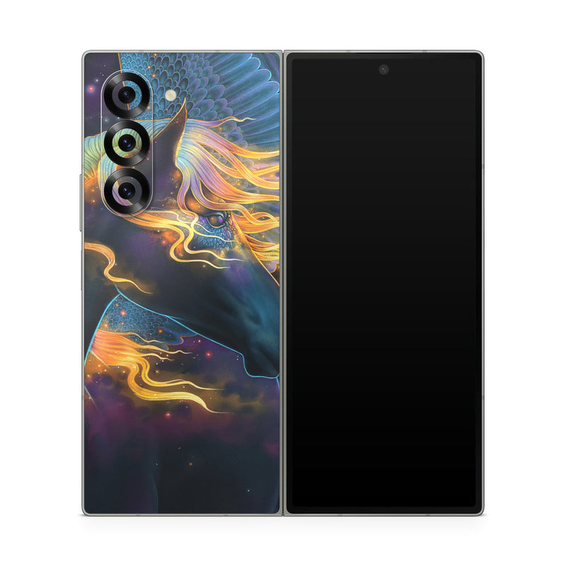 Samsung Galaxy Z Fold6 Skin design of Organism, Astronomical object, Art, Electric blue, Space, Darkness, Liquid, Science, Graphics, Visual arts, with black, blue, yellow, white, orange, purple, red colors
