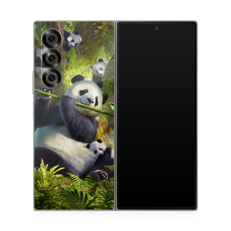 Samsung Galaxy Z Fold6 Skin design of Plant, Organism, Grass, Adaptation, Terrestrial animal, Painting, People in nature, Art, Beak, Panda, with white, black, brown, green, gray, yellow colors