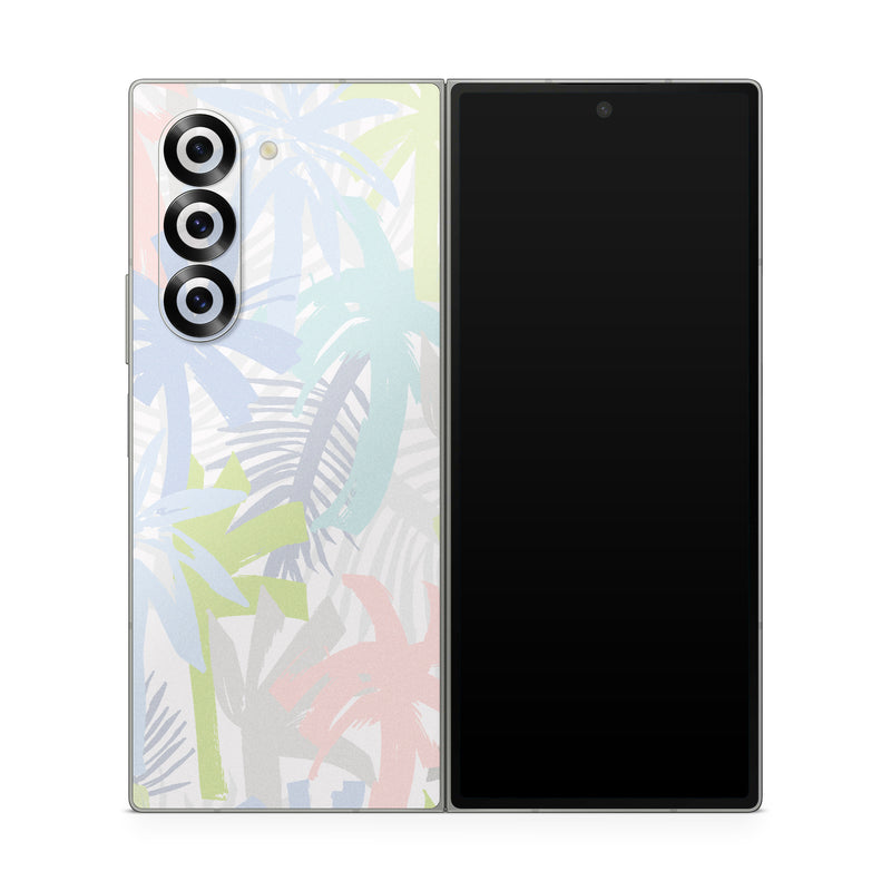 Samsung Galaxy Z Fold6 Skin design of Palm trees, with bllue, green, pink, yellow, white, gray colors