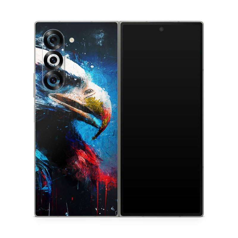 Samsung Galaxy Z Fold6 Skin design of Bird, Beak, Organism, Art, Feather, Paint, Painting, Accipitridae, Bird of prey, Electric blue, with blue, red, white, black, gray, yellow colors