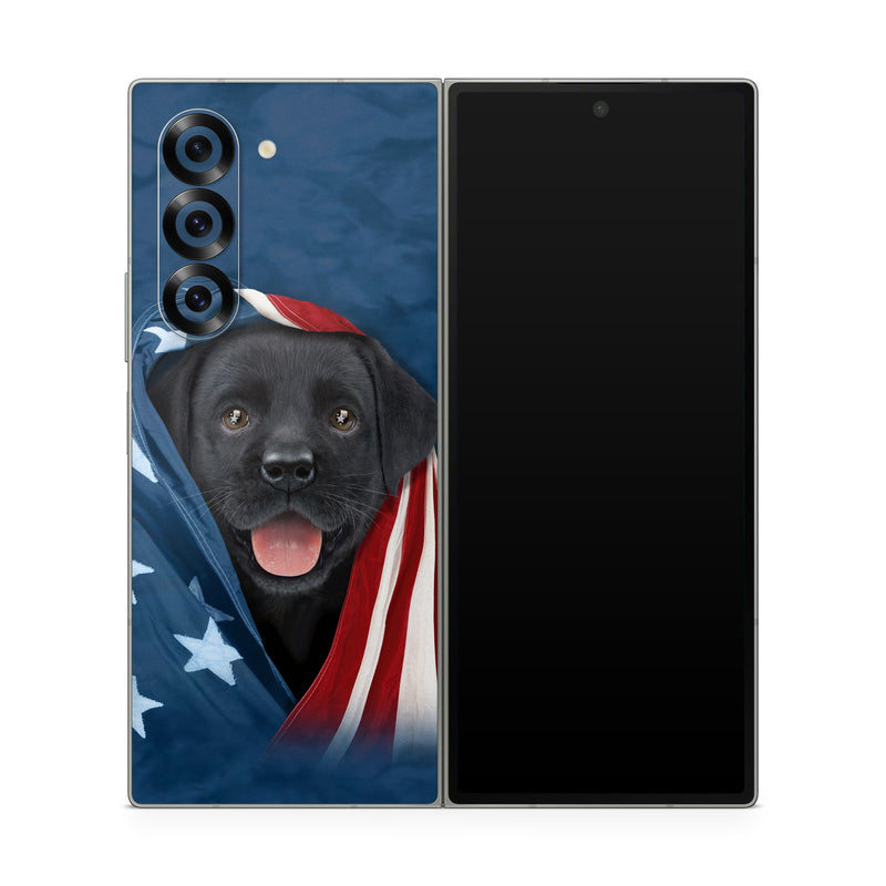 Samsung Galaxy Z Fold6 Skin design of Canidae, Dog, Dog breed, Flag, Snout, Carnivore, Sporting Group, Labrador retriever, Flag of the united states, Puppy, with black, gray, white, blue, red colors