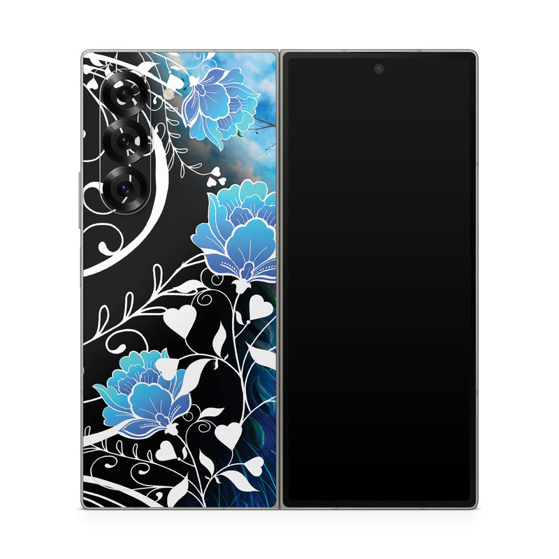 Samsung Galaxy Z Fold6 Skin design of Blue, Pattern, Graphic design, Design, Illustration, Organism, Visual arts, Graphics, Plant, Art, with black, blue, gray, white colors