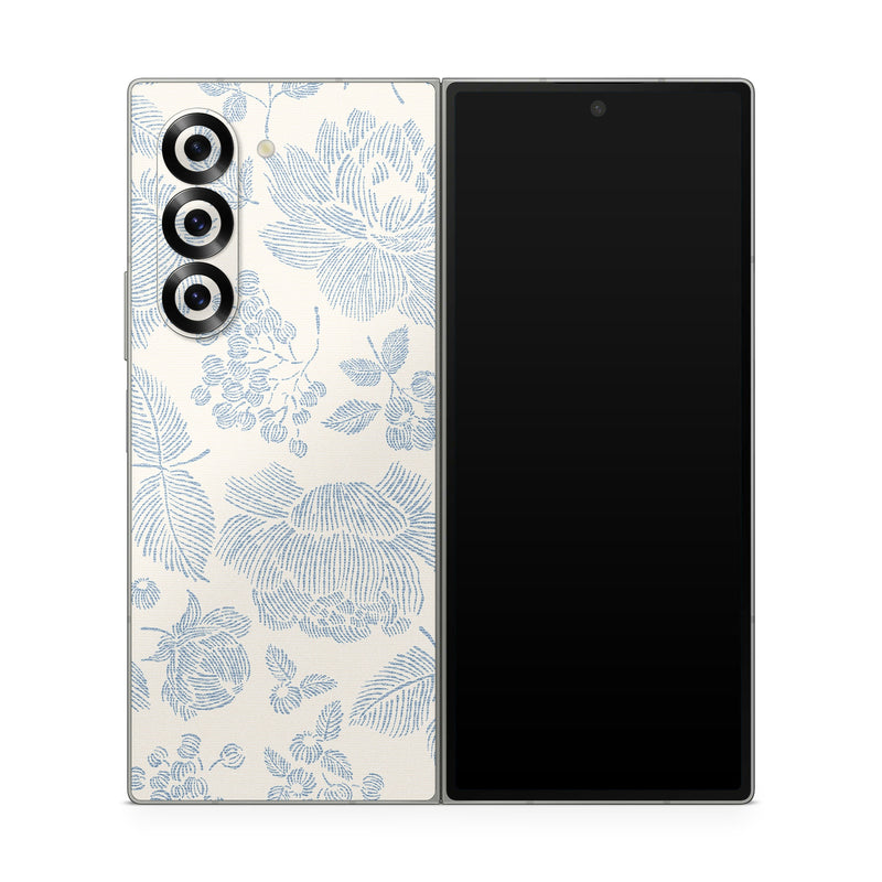 Samsung Galaxy Z Fold6 Skin design of White, Botany, Leaf, Textile, Branch, Organism, Art, Aqua, Line, Rectangle, with white, blue colors