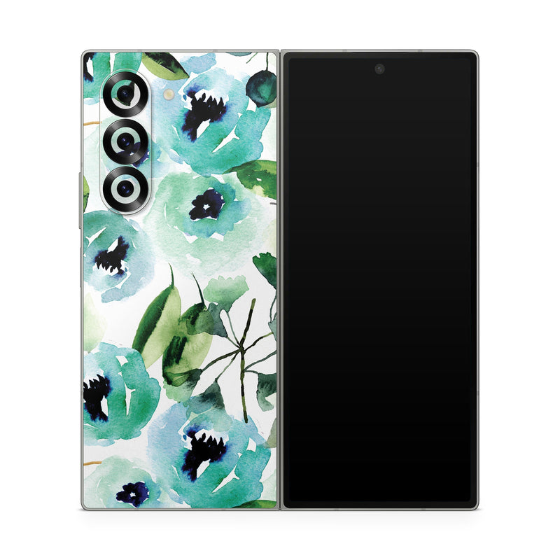 Samsung Galaxy Z Fold6 Skin design of Green, Pattern, Leaf, Aqua, Plant, Design, Branch, Organism, Flower, Ivy, with white, green, blue, black colors