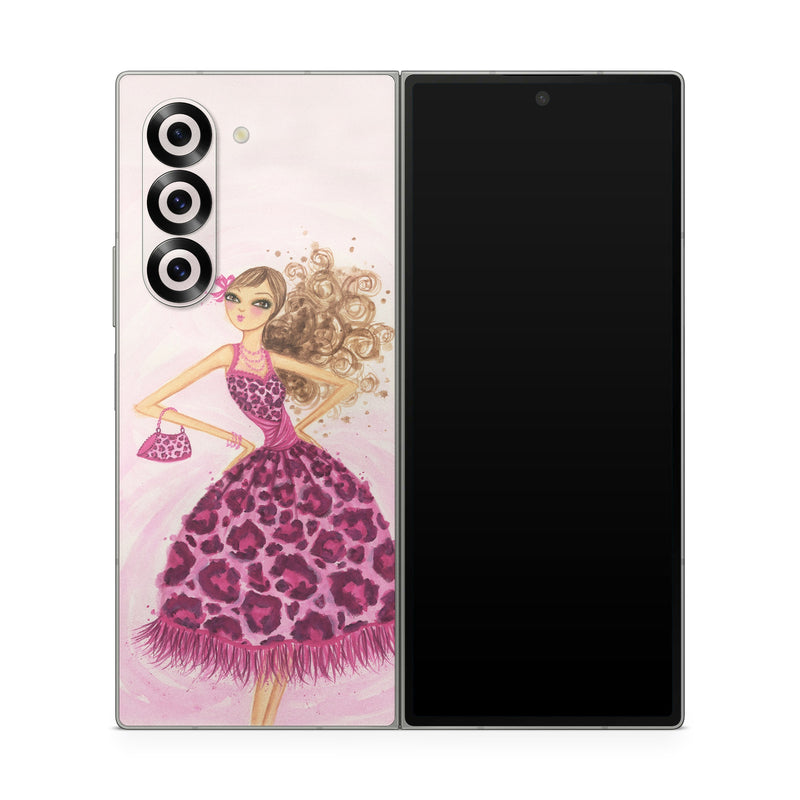 Samsung Galaxy Z Fold6 Skin design of Pink, Doll, Dress, Fashion illustration, Barbie, Fashion design, Illustration, Gown, Costume design, Toy, with pink, gray, red, purple, green colors