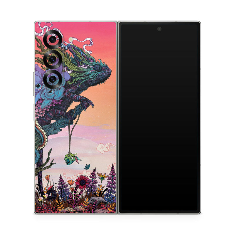 Samsung Galaxy Z Fold6 Skin design of Illustration, Fictional character, Fiction, Art, Organism, Plant, Tree, Graphic design, Cg artwork, with red, orange, green, purple, white, blue, brown colors