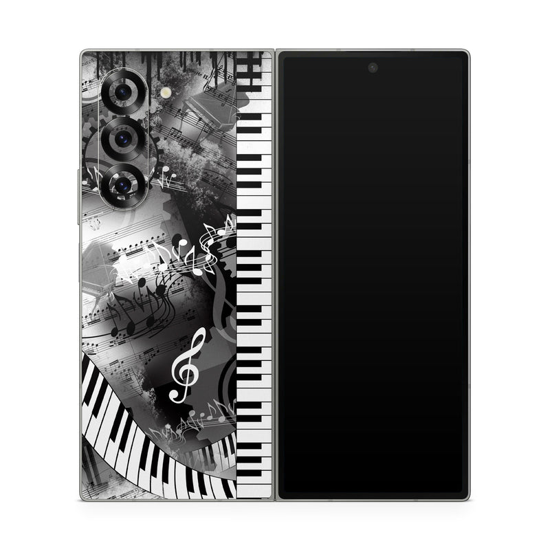 Samsung Galaxy Z Fold6 Skin design of Music, Monochrome, Black-and-white, Illustration, Graphic design, Musical instrument, Technology, Musical keyboard, Piano, Electronic instrument, with black, gray, white colors