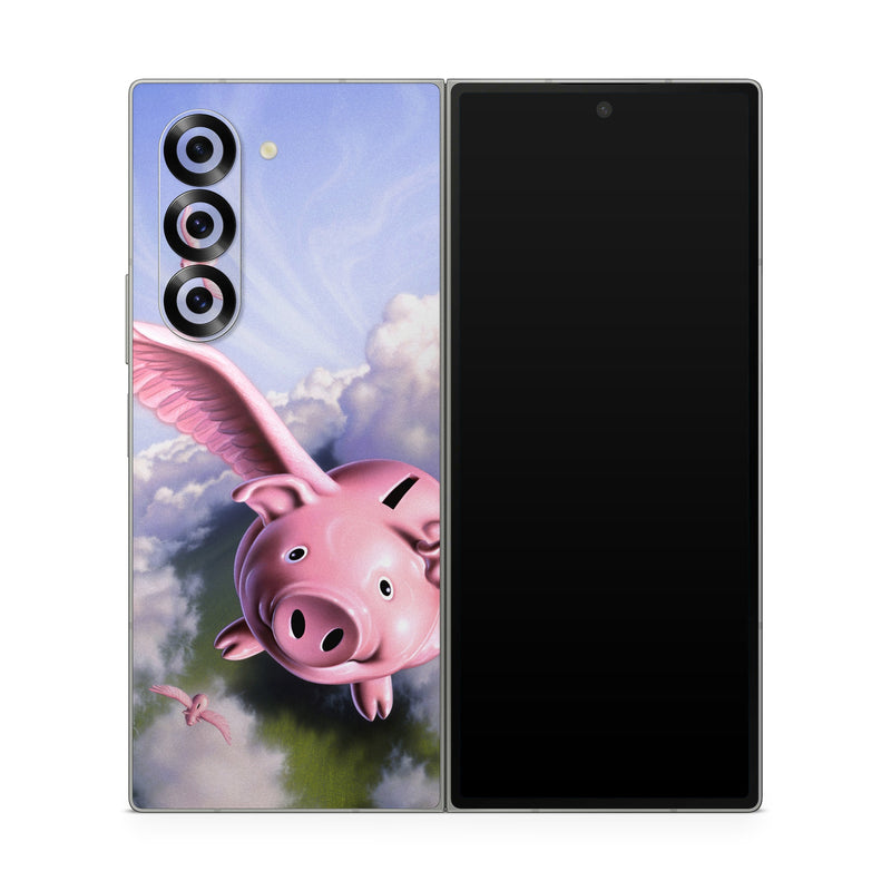 Samsung Galaxy Z Fold6 Skin design of Cloud, Sky, Happy, Pink, Bird, Art, Wing, Snout, Wind, Fictional character, with pink, white, blue, gray, green colors