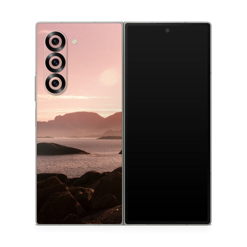 Samsung Galaxy Z Fold6 Skin design of Sky, Nature, Sea, Atmospheric phenomenon, Horizon, Natural landscape, Coast, Cloud, Morning, Calm, with gray, black, red, pink, green colors