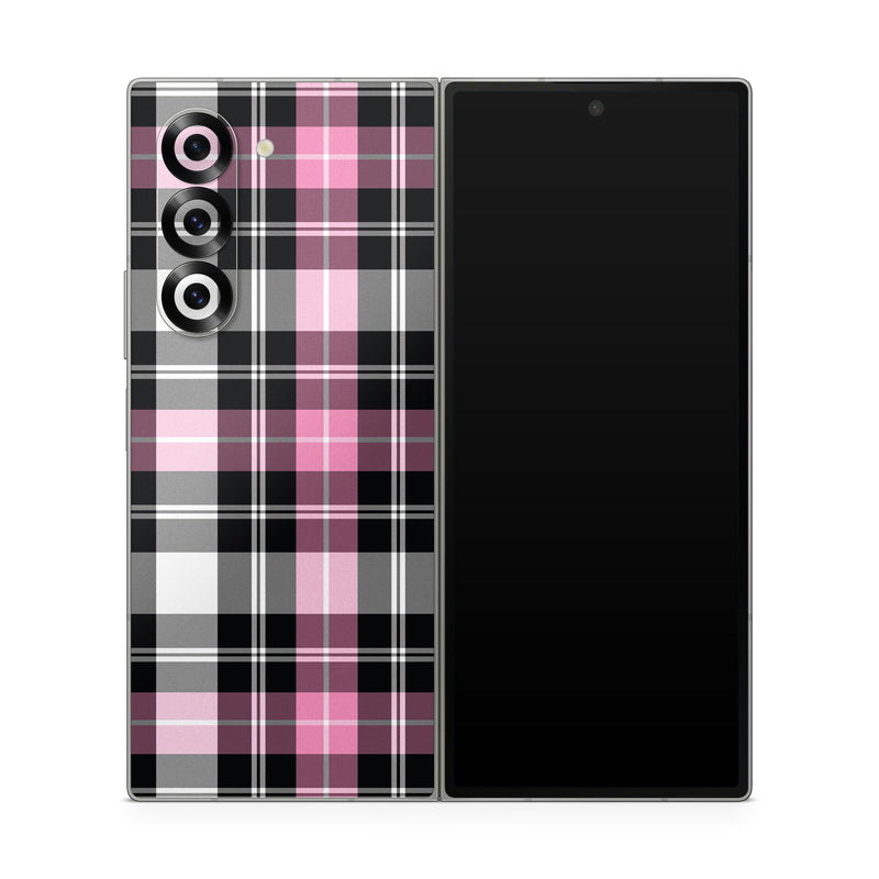 Samsung Galaxy Z Fold6 Skin design of Plaid, Tartan, Pattern, Pink, Purple, Violet, Line, Textile, Magenta, Design, with black, gray, pink, red, white, purple colors