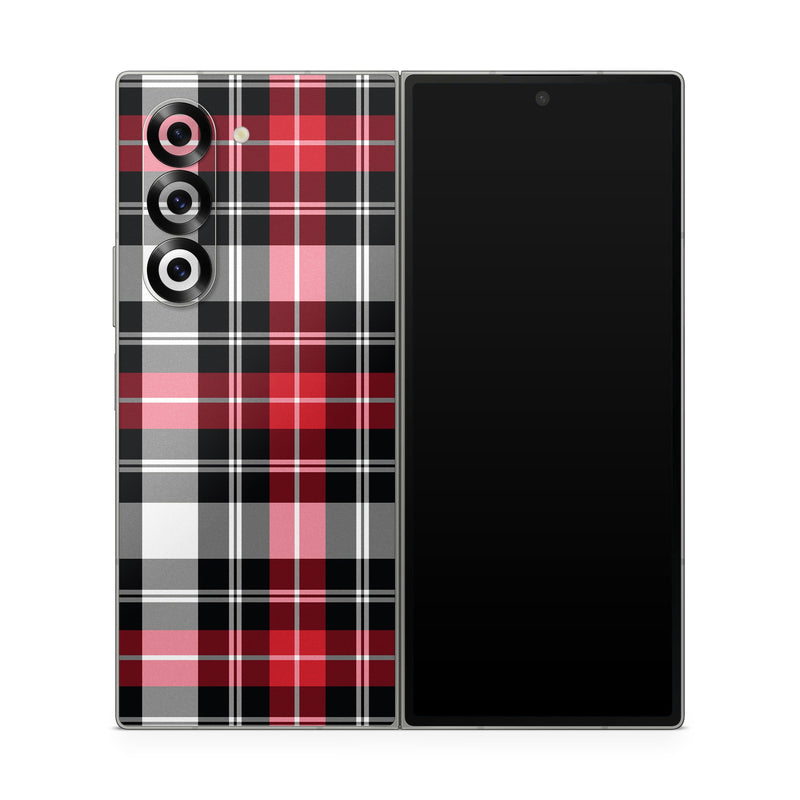 Samsung Galaxy Z Fold6 Skin design of Plaid, Tartan, Pattern, Red, Textile, Design, Line, Pink, Magenta, Square, with black, gray, pink, red, white colors