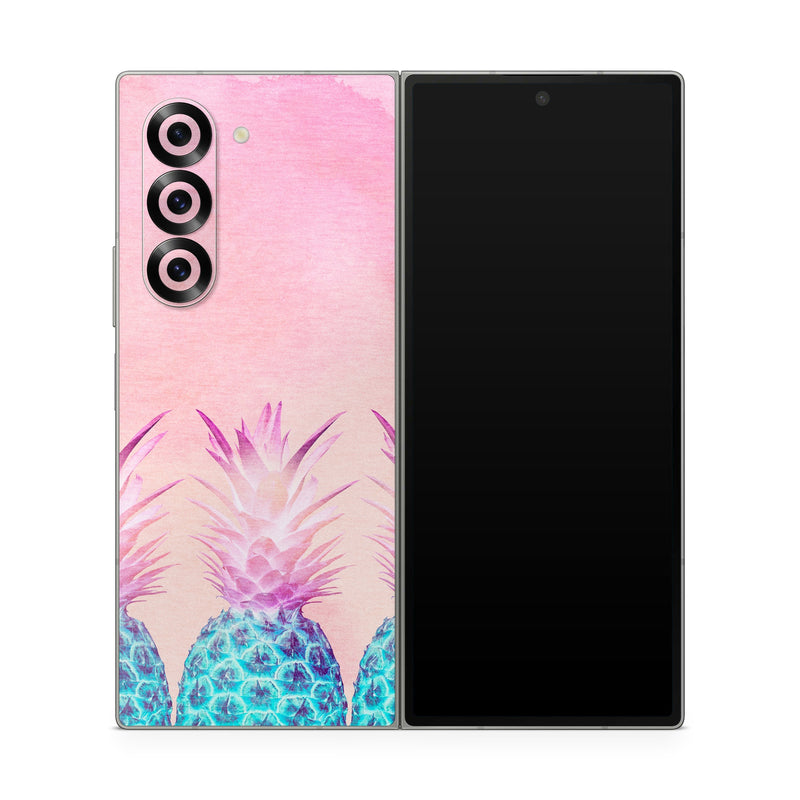 Samsung Galaxy Z Fold6 Skin design of Pineapple, Ananas, Pink, Fruit, Plant, Bromeliaceae, Pattern, Poales, with pink, blue, orange colors
