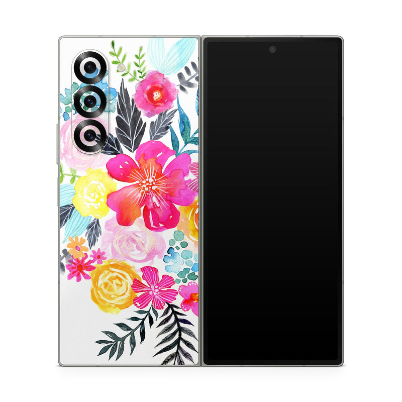 Samsung Galaxy Z Fold6 Skin design of Flower, Clip art, Bouquet, Plant, Illustration, Floral design, Pink, Petal, Botany, Design, with white, pink, orange, red, yellow, blue, black, green colors