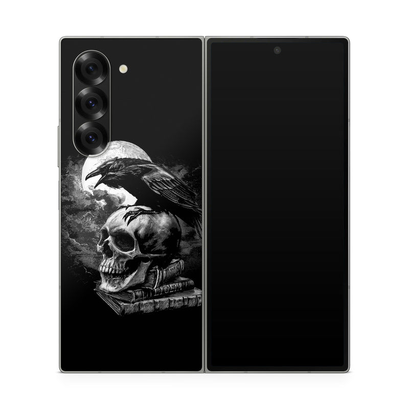 Samsung Galaxy Z Fold6 Skin design of Bone, Skull, Bird, Darkness, Monochrome, Wing, Black-and-white, Illustration, Beak, Fictional Character, Drawing, Symbol, with black, white, gray colors
