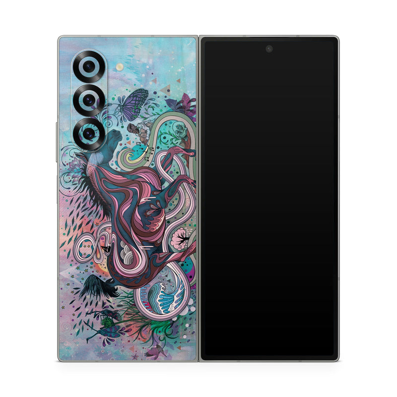 Samsung Galaxy Z Fold6 Skin design of Illustration, Art, Visual arts, Graphic design, Fictional character, Psychedelic art, Pattern, Drawing, Painting, Mythology, with gray, black, blue, red, purple colors