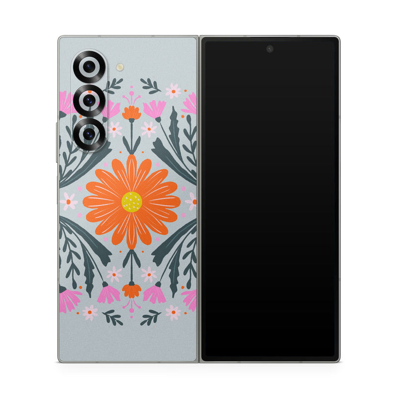 Samsung Galaxy Z Fold6 Skin design of Petal, Gesture, Font, Flower, Pattern, Art, Creative arts, Floral design, Illustration, Flowering plant, with pink, orange, green, white colors