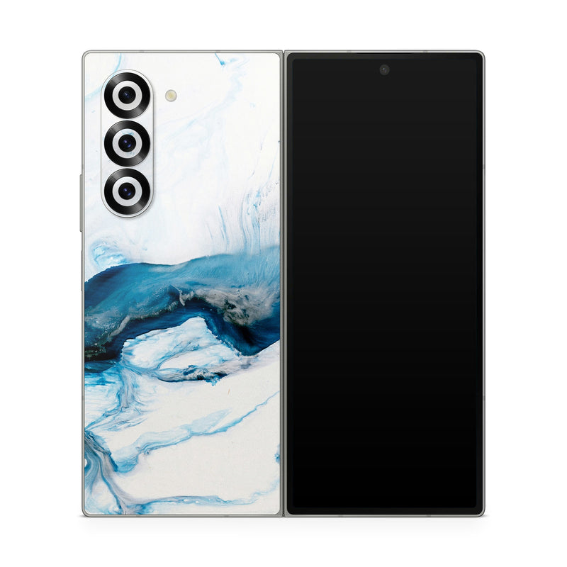 Samsung Galaxy Z Fold6 Skin design of Glacial landform, Blue, Water, Glacier, Sky, Arctic, Ice cap, Watercolor paint, Drawing, Art, with white, blue, black colors