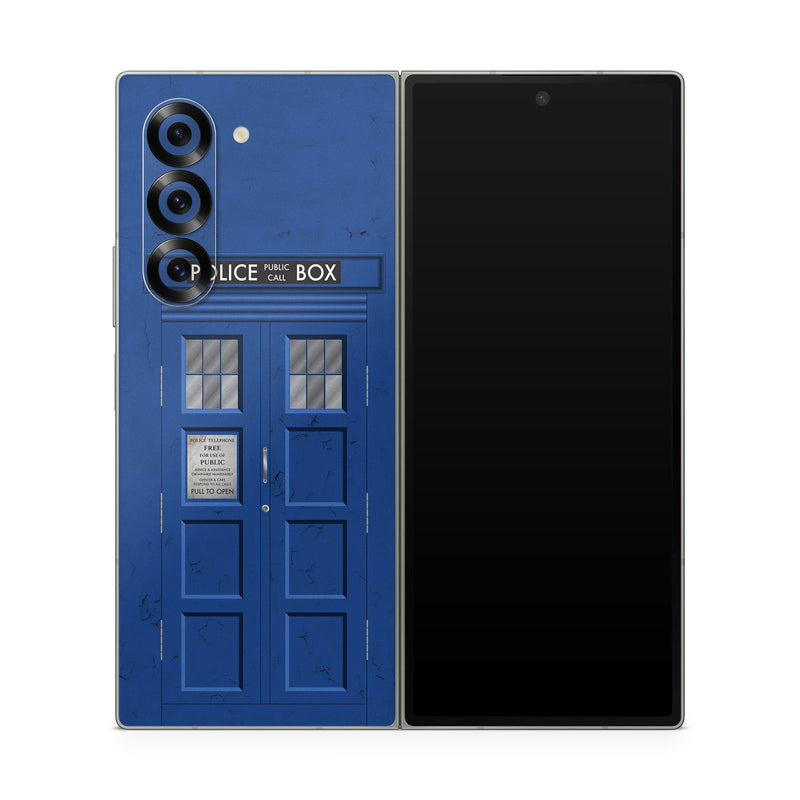 Samsung Galaxy Z Fold6 Skin design of Telephone Booth, Blue, Cobalt Blue, Door, Facade, Architecture, Electric Blue, Font, Real Estate, Window, Building, with blue, black, gray, white colors