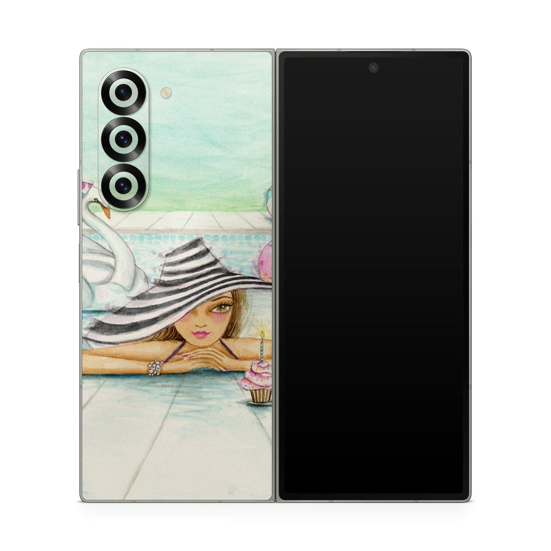 Samsung Galaxy Z Fold6 Skin design of Watercolor paint, Illustration, Cartoon, Art, Painting, Drawing, Fictional character, with blue, pink, white, black, brown, red, green, yellow colors