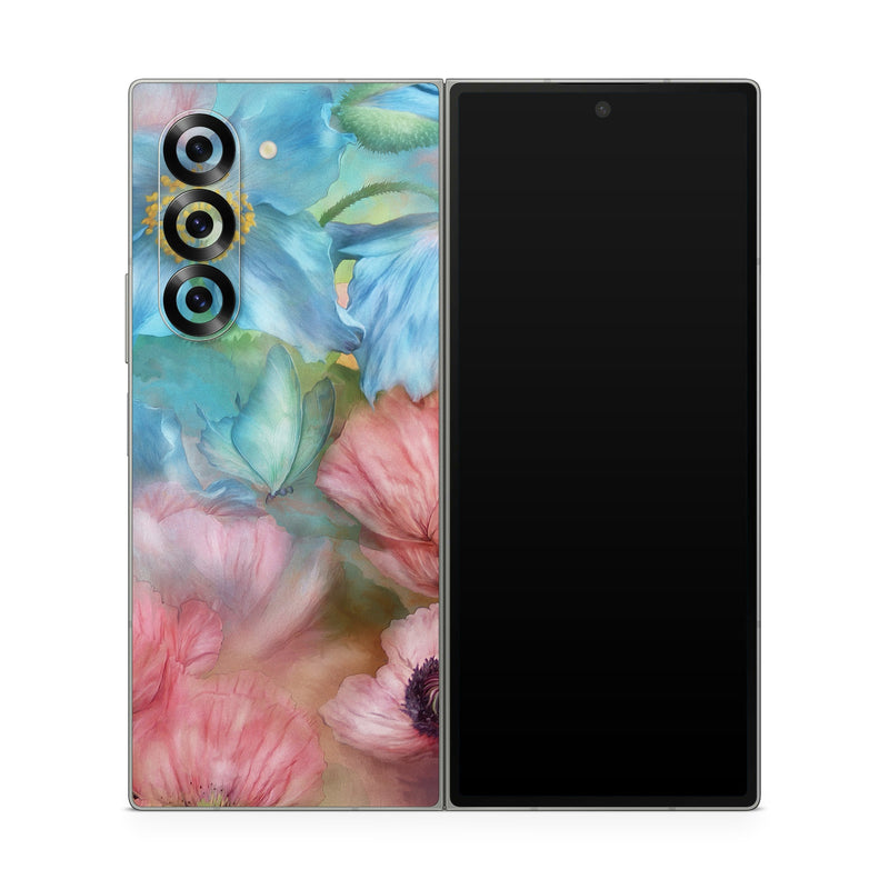 Samsung Galaxy Z Fold6 Skin design of Flower, Petal, Watercolor paint, Painting, Plant, Flowering plant, Pink, Botany, Wildflower, Still life, with gray, blue, black, red, green colors