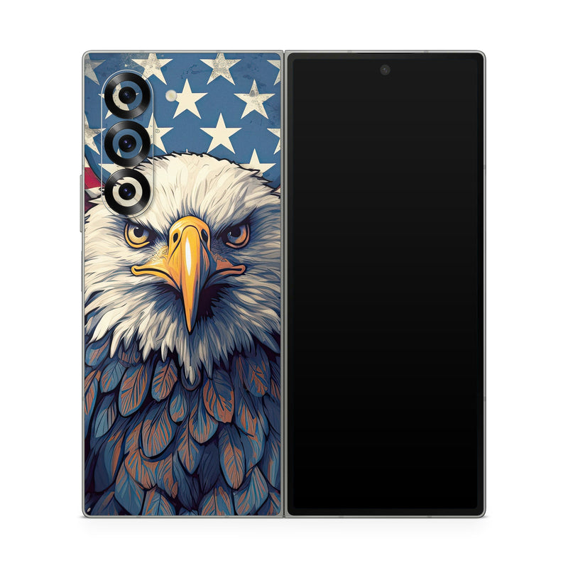 Samsung Galaxy Z Fold6 Skin design of Bird, Accipitridae, Beak, Sea eagle, Falconiformes, Feather, Eagle, Painting, Art, Bald eagle, with red, blue, white, brown, yellow, gray, orange colors